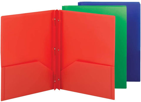 voolcaoo Poly Two-Pocket Folder, Three-Hole Punch Prong Fasteners, Letter Size, Assorted Colors, 3 per Pack